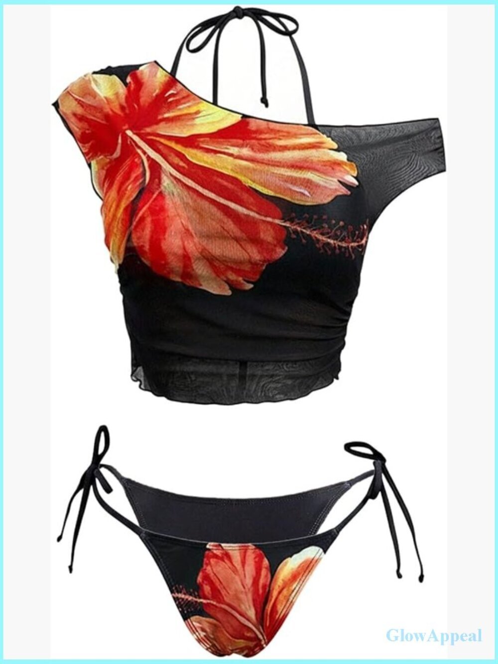 Boho Floral Halter Bikini Set with Cover Up Mesh Crop Top